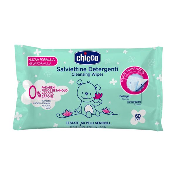 دستمال مرطوب کودک چیکو مناسب پوست‌های حساس بسته 60 عددی - Chicco Salviettine Detergenti Cleansing Wipes 60pcs