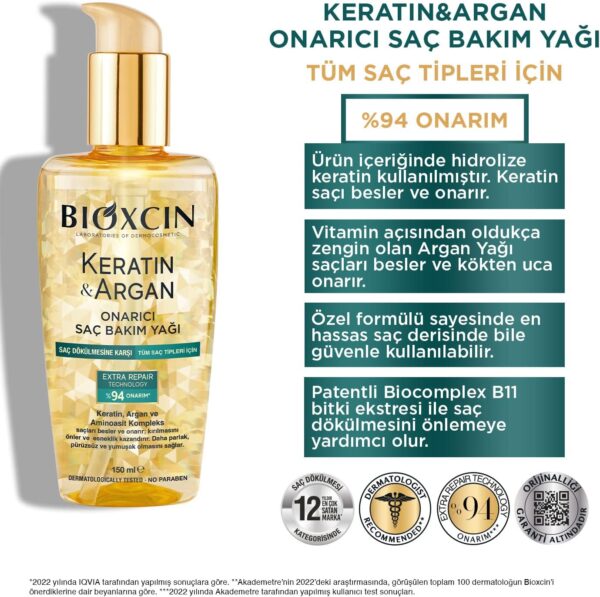 روغن مو کراتین و آرگان بیوکسین 150 میل - bioxcin keratin argan onarici sac bakim yagi 04