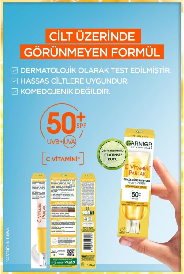 ضد آفتاب بی رنگ ویتامین سی گارنیر مناسب پوست‌ های حساس - garnier c vitamini parlak gunluk gunes koruyucu fluid yuz kremi spf50 05