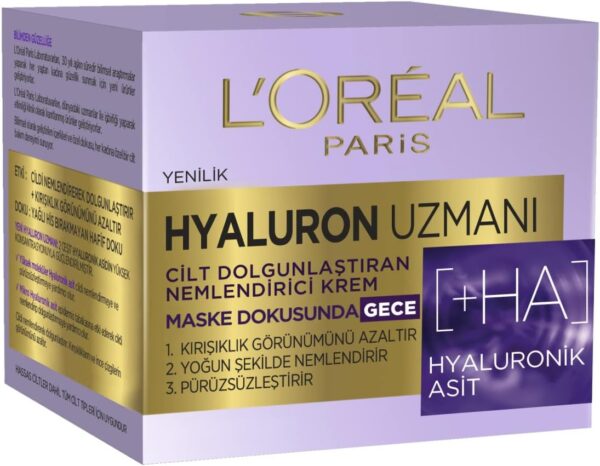 کرم مرطوب کننده شب لورآل حاوی هیالورونیک اسید - loreal hyaluron uzmani cilt dolgunlastiran nemlendirici krem gece