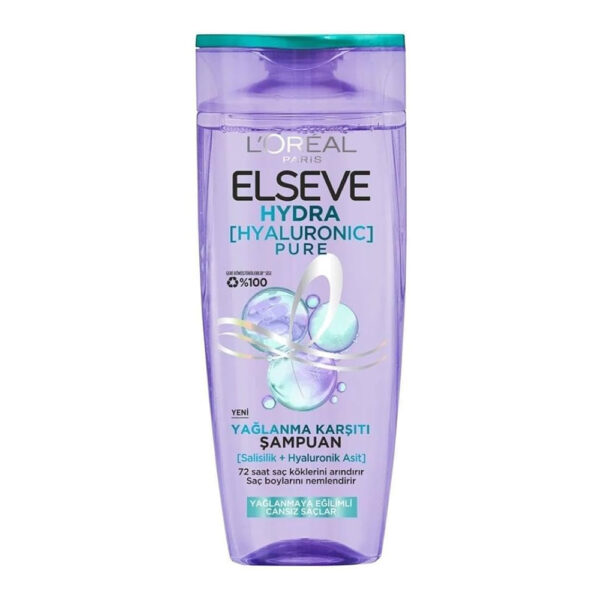 شامپو سر لورآل بنفش مدل هیالورونیک مناسب موهای چرب - Loreal Paris Elseve Hydra Hyaluronic Pure Yaglanma Karsiti Sampuan 300ml
